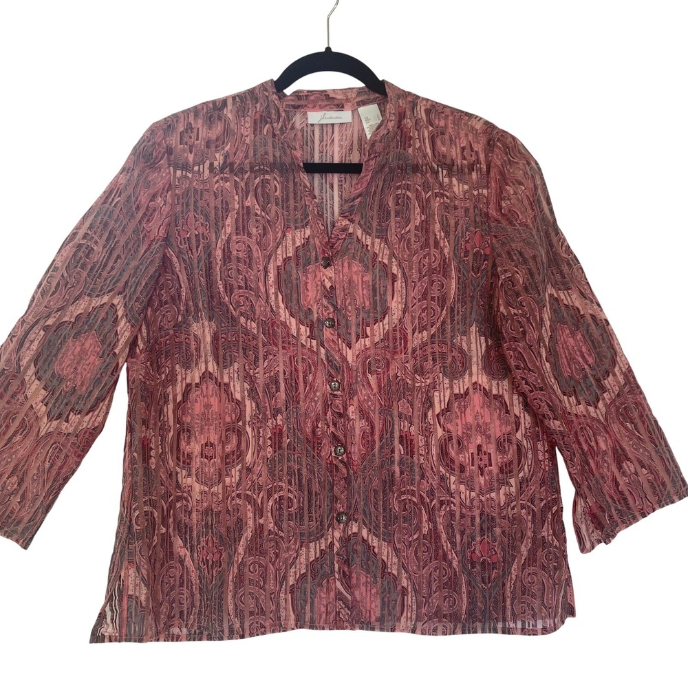 JH Collectibles Paisley Button Down‎ Women Blouse Sheer 3/4 Sleeve Top Large